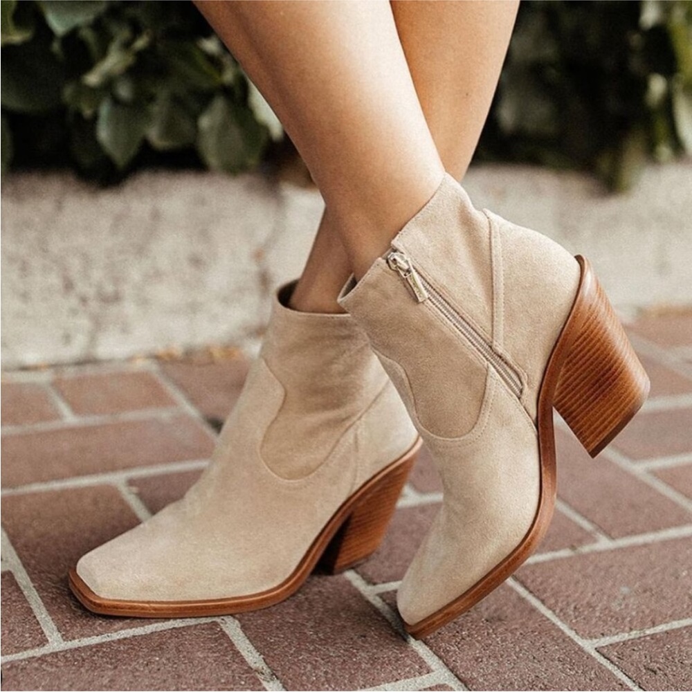 Vince Camuto Amtinda Western Bootie Cowboy Boot Suede Tan Neutral Square Toe